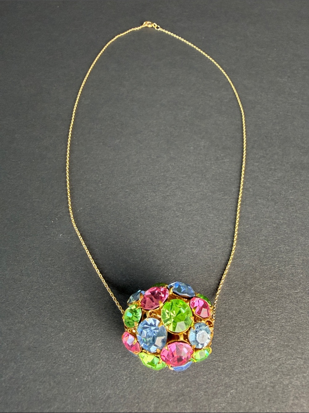 Gold-Tone Multicolor Crystal Cluster Necklace - Pink, Green & Blue